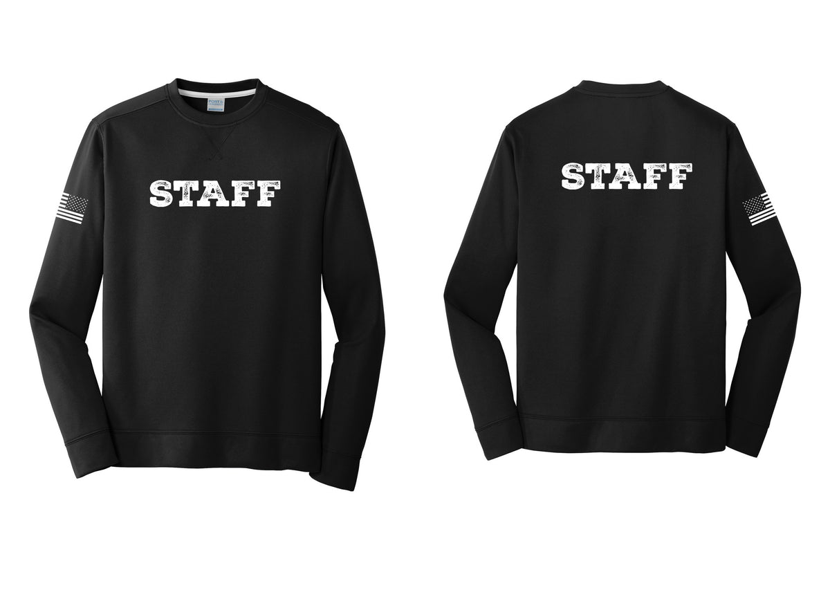 NYC Factory Staff Performance Fleece Crewneck Sweatshirt (Rustic) - Front + Back + US Flag Sleeve - Black