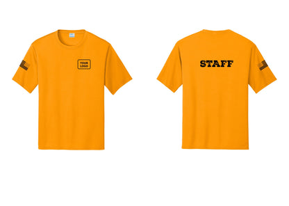 NYC Factory Custom Logo Staff Performance T-Shirt (Rustic) - Your Logo + Back + US Flag Sleeve - Gold