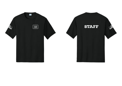 NYC Factory Custom Logo Staff Performance T-Shirt (Rustic) - Your Logo + Back + US Flag Sleeve - Black