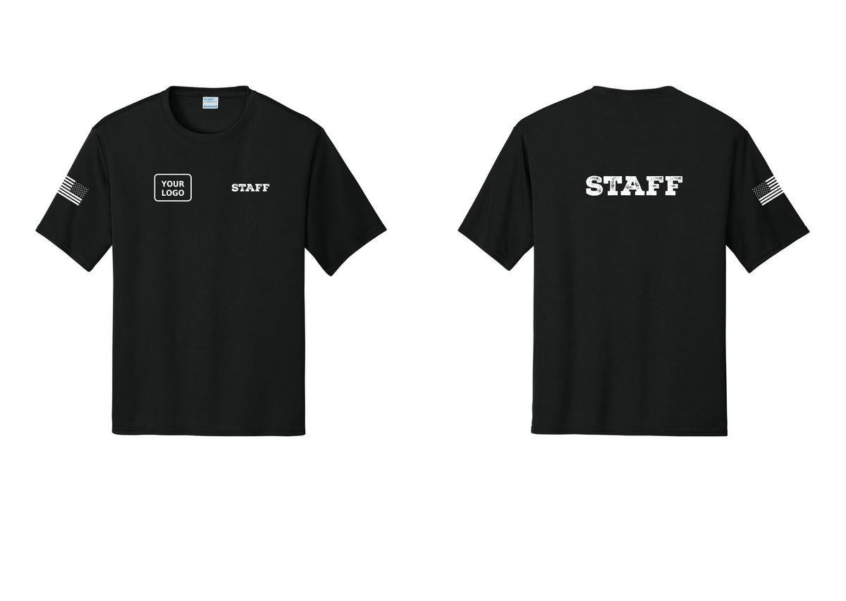 NYC Factory Custom Logo Staff Performance T-Shirt (Rustic) - STAFF + Your Logo + Back + US Flag Sleeve - Black