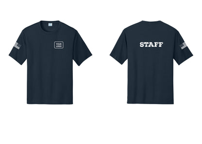 NYC Factory Custom Logo Staff Performance T-Shirt (Rustic) - Your Logo + Back + US Flag Sleeve - Navy