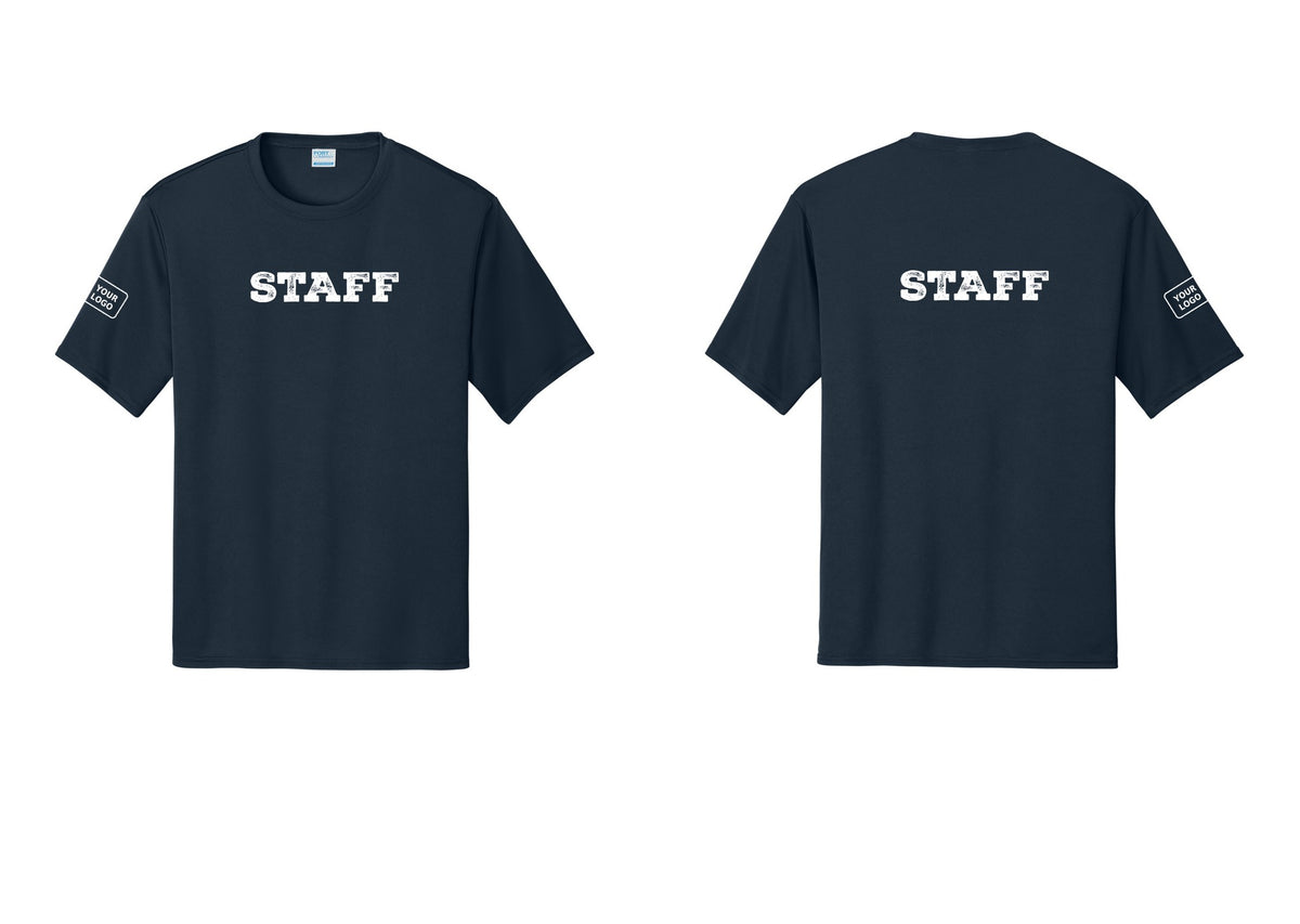 NYC Factory Custom Logo Staff Performance T-Shirt (Rustic) - Front + Back + Your Logo Sleeve - Navy