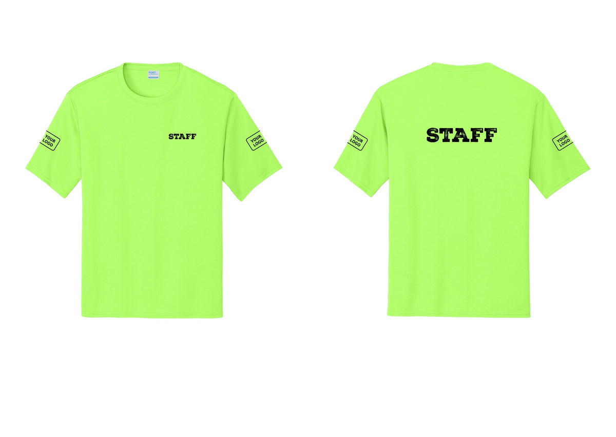 NYC Factory Custom Logo Staff Performance T-Shirt (Rustic) - Chest + Back + Your Logo Sleeves - Neon Green