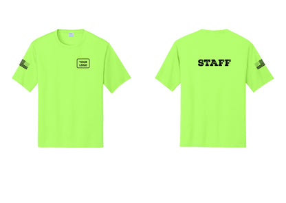 NYC Factory Custom Logo Staff Performance T-Shirt (Rustic) - Your Logo + Back + US Flag Sleeve - Neon Green