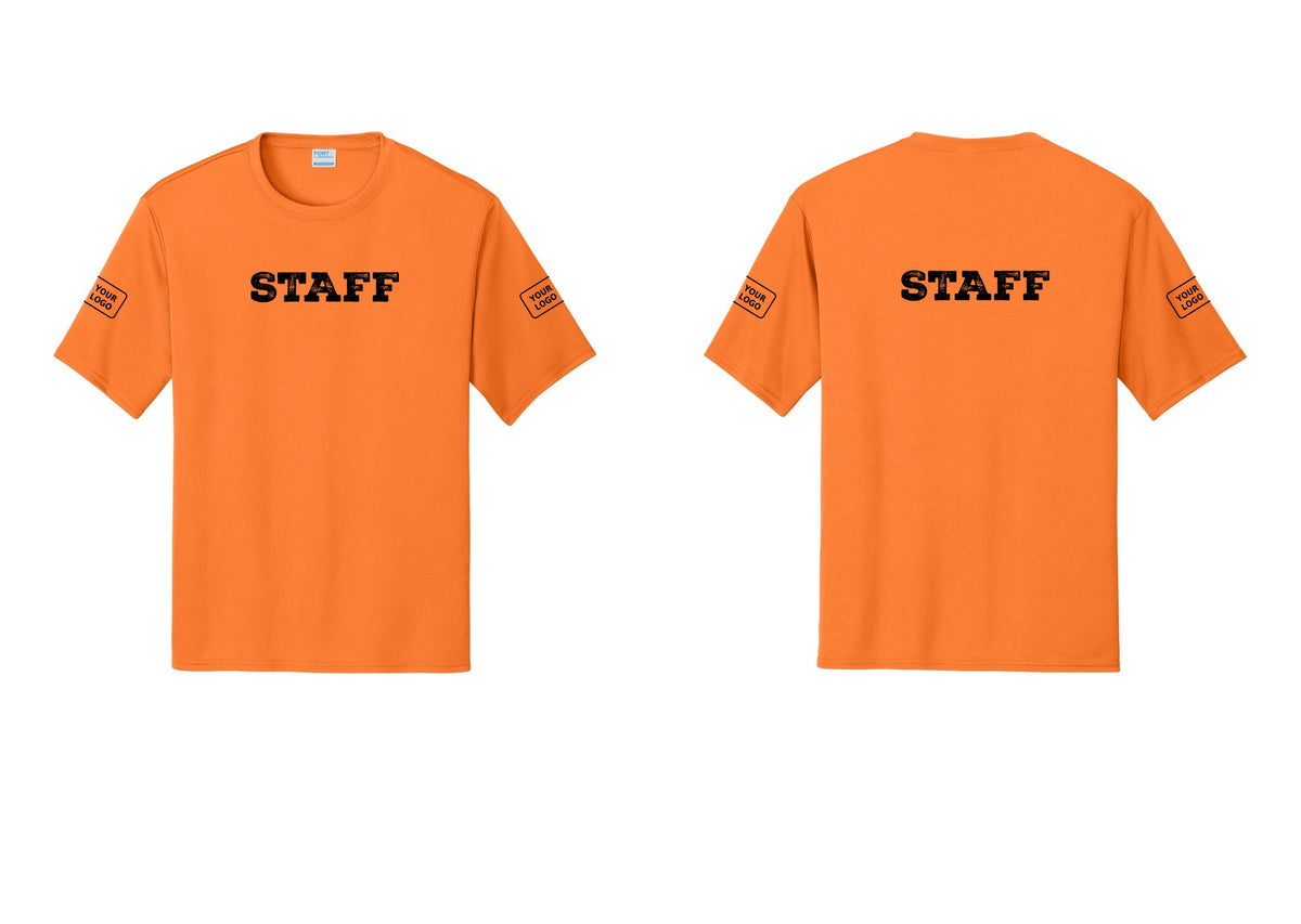 NYC Factory Custom Logo Staff Performance T-Shirt (Rustic) - Front + Back + Your Logo Sleeves - Neon Orange