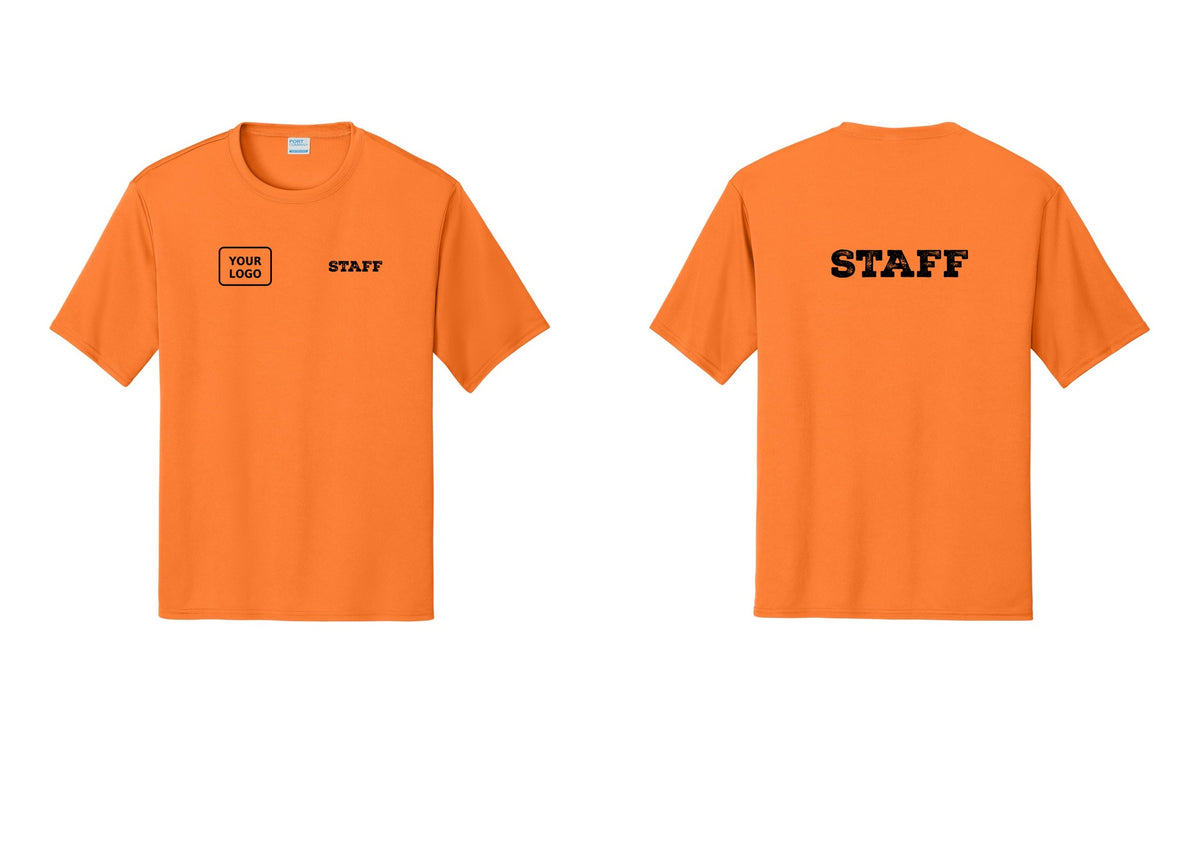 NYC Factory Custom Logo Staff Performance T-Shirt (Rustic) - STAFF + Your Logo + Back - Neon Orange