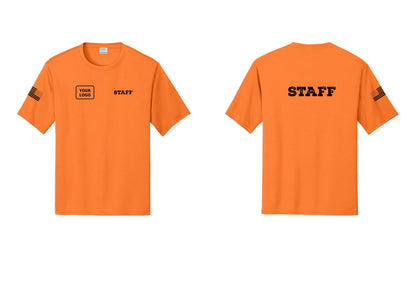 NYC Factory Custom Logo Staff Performance T-Shirt (Rustic) - STAFF + Your Logo + Back + US Flag Sleeve - Neon Orange