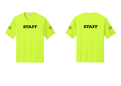 NYC Factory Custom Logo Staff Performance T-Shirt (Rustic) - Front + Back + Your Logo Sleeves - Neon Yellow