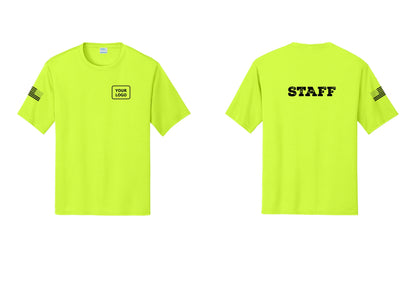 NYC Factory Custom Logo Staff Performance T-Shirt (Rustic) - Your Logo + Back + US Flag Sleeve - Neon Yellow