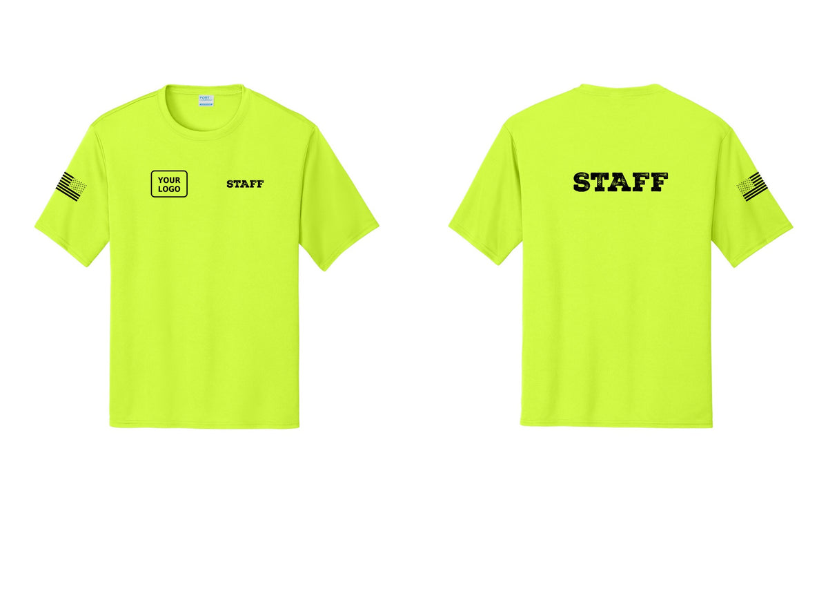 NYC Factory Custom Logo Staff Performance T-Shirt (Rustic) - STAFF + Your Logo + Back + US Flag Sleeve - Neon Yellow