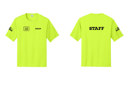 NYC Factory Custom Logo Staff Performance T-Shirt (Rustic) - STAFF + Your Logo + Back + US Flag Sleeve - Neon Yellow