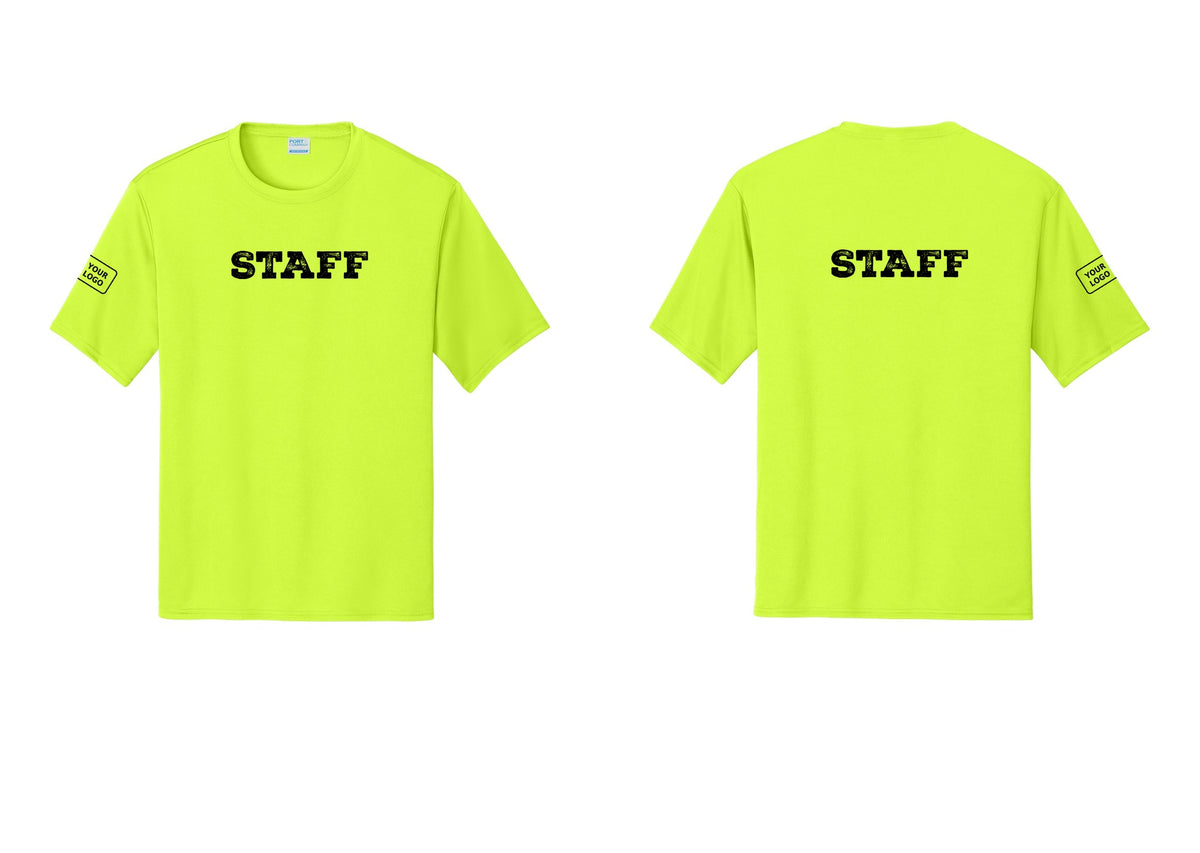 NYC Factory Custom Logo Staff Performance T-Shirt (Rustic) - Front + Back + Your Logo Sleeve - Neon Yellow