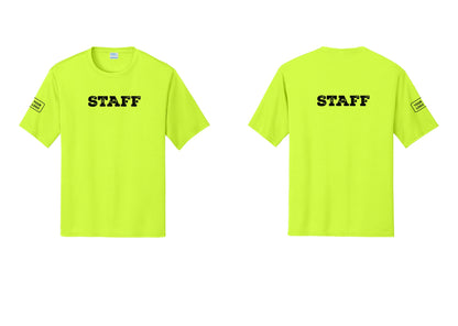 NYC Factory Custom Logo Staff Performance T-Shirt (Rustic) - Front + Back + Your Logo Sleeve - Neon Yellow