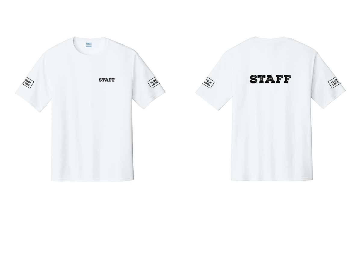 NYC Factory Custom Logo Staff Performance T-Shirt (Rustic) - Chest + Back + Your Logo Sleeves - White