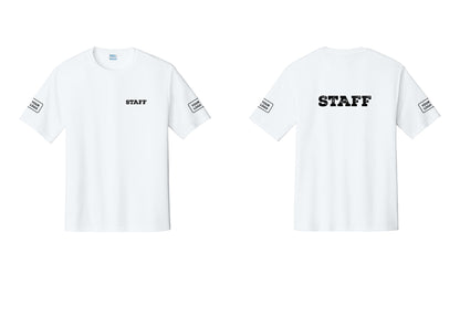 NYC Factory Custom Logo Staff Performance T-Shirt (Rustic) - Chest + Back + Your Logo Sleeves - White