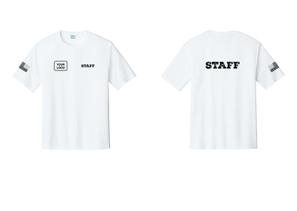 NYC Factory Custom Logo Staff Performance T-Shirt (Rustic) - STAFF + Your Logo + Back + US Flag Sleeve - White