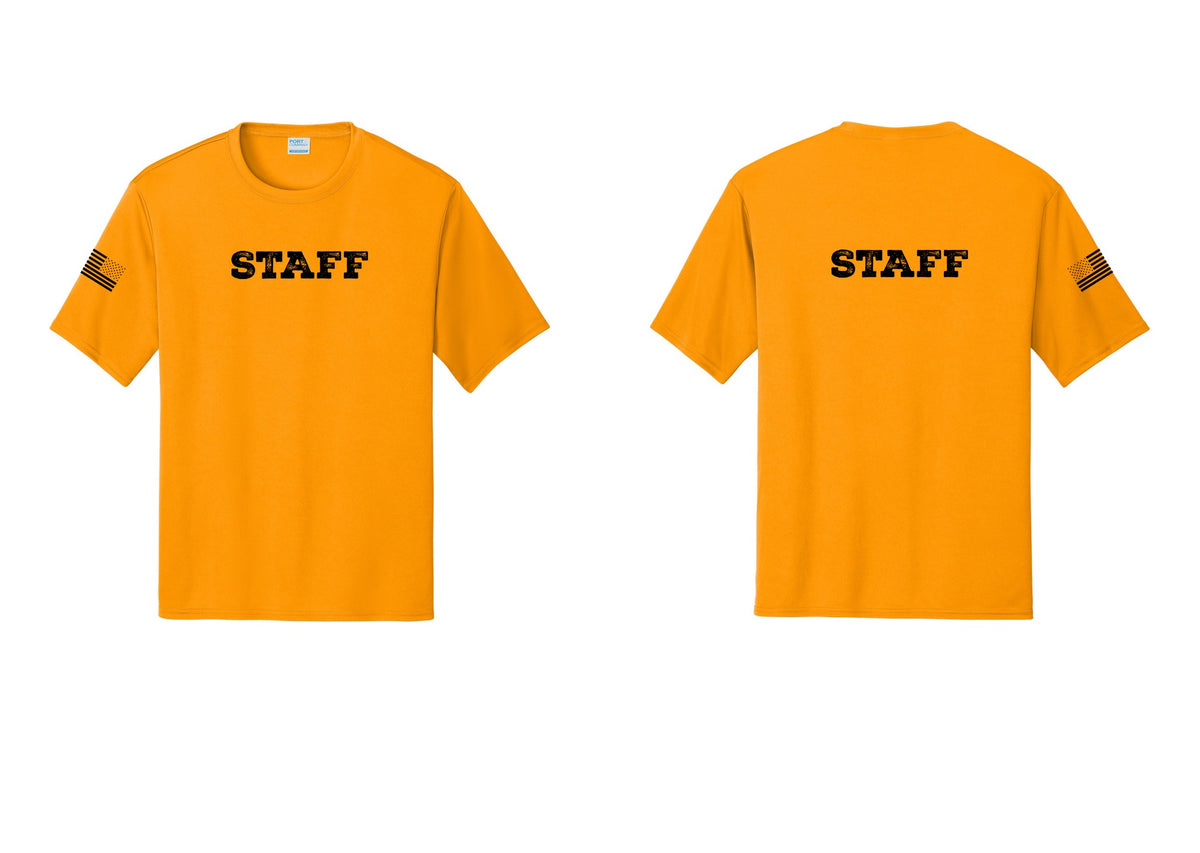 NYC Factory Staff Performance T-Shirt (Rustic) - Front + Back + US Flag Sleeve - Gold