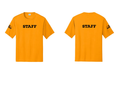 NYC Factory Staff Performance T-Shirt (Rustic) - Front + Back + US Flag Sleeve - Gold