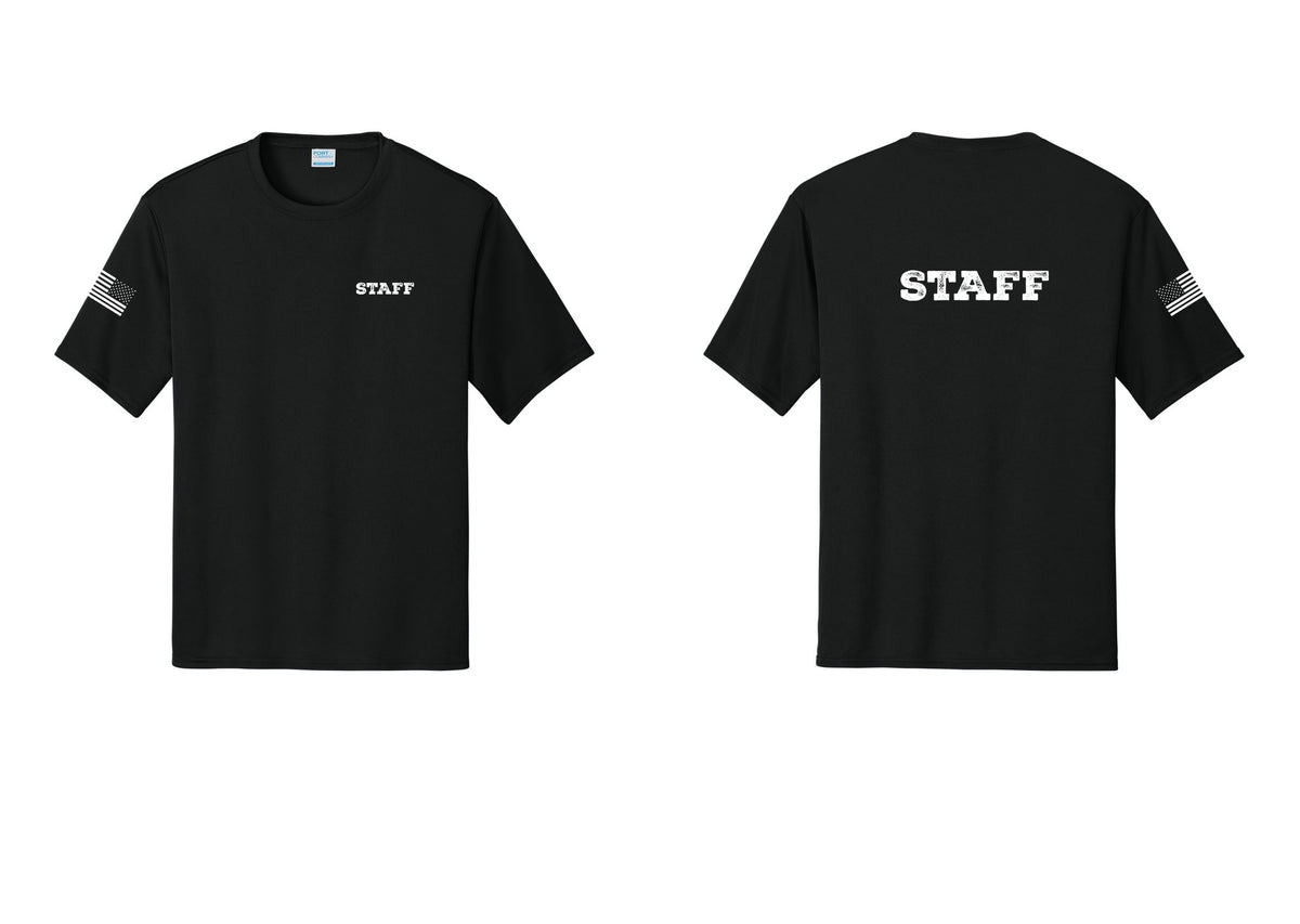 NYC Factory Staff Performance T-Shirt (Rustic) - Chest + Back + US Flag Sleeve - Black
