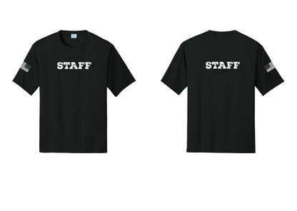 NYC Factory Staff Performance T-Shirt (Rustic) - Front + Back + US Flag Sleeve - Black
