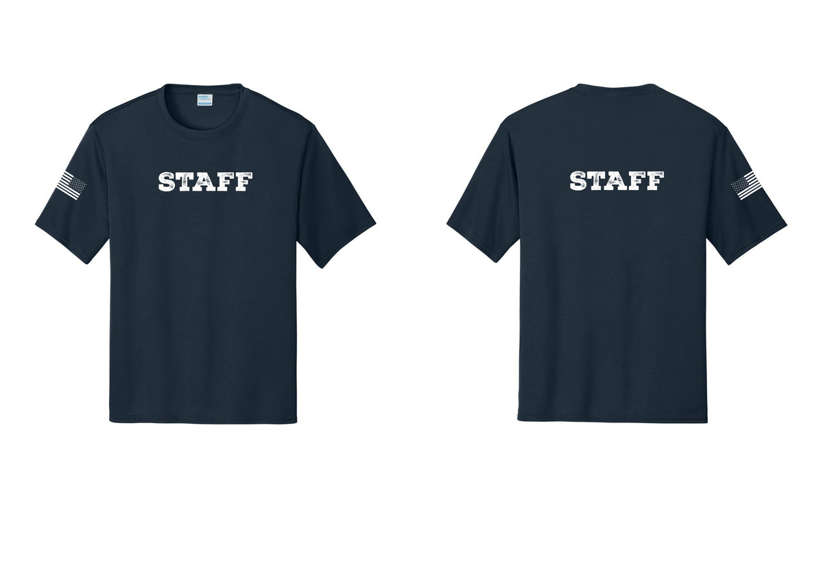 NYC Factory Staff Performance T-Shirt (Rustic) - Front + Back + US Flag Sleeve - Navy