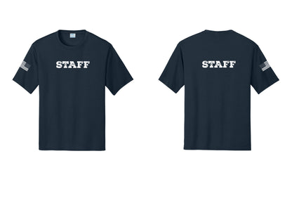 NYC Factory Staff Performance T-Shirt (Rustic) - Front + Back + US Flag Sleeve - Navy