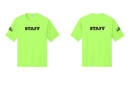 NYC Factory Staff Performance T-Shirt (Rustic) - Front + Back + US Flag Sleeve - Neon Green