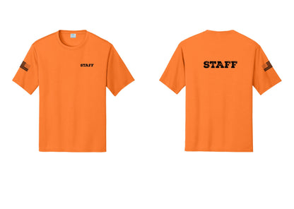 NYC Factory Staff Performance T-Shirt (Rustic) - Chest + Back + US Flag Sleeve - Neon Orange