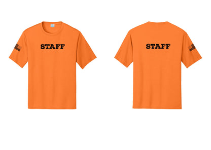 NYC Factory Staff Performance T-Shirt (Rustic) - Front + Back + US Flag Sleeve - Neon Orange