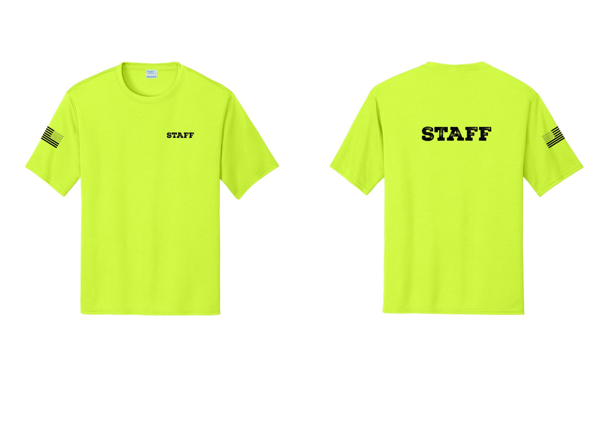 NYC Factory Staff Performance T-Shirt (Rustic) - Chest + Back + US Flag Sleeve - Neon Yellow
