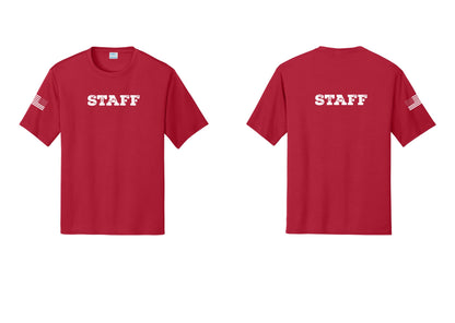 NYC Factory Staff Performance T-Shirt (Rustic) - Front + Back + US Flag Sleeve - Red