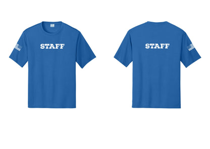 NYC Factory Staff Performance T-Shirt (Rustic) - Front + Back + US Flag Sleeve - Royal