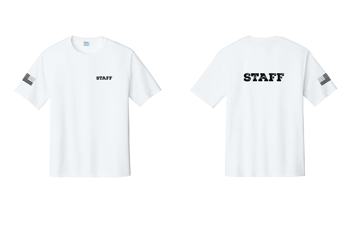 NYC Factory Staff Performance T-Shirt (Rustic) - Chest + Back + US Flag Sleeve - White
