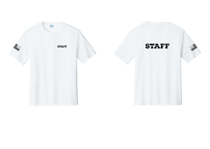 NYC Factory Staff Performance T-Shirt (Rustic) - Chest + Back + US Flag Sleeve - White