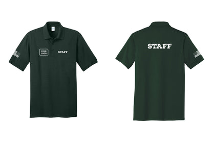 NYC Factory Custom Logo Staff Polo Shirt (Rustic) - STAFF + Your Logo + Back + US Flag Sleeve - Dark Green