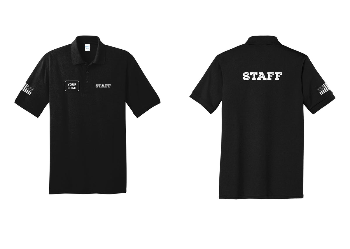 NYC Factory Custom Logo Staff Polo Shirt (Rustic) - STAFF + Your Logo + Back + US Flag Sleeve - Black