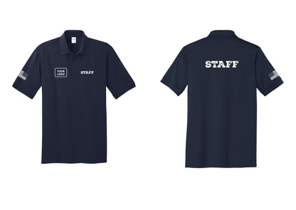 NYC Factory Custom Logo Staff Polo Shirt (Rustic) - STAFF + Your Logo + Back + US Flag Sleeve - Navy
