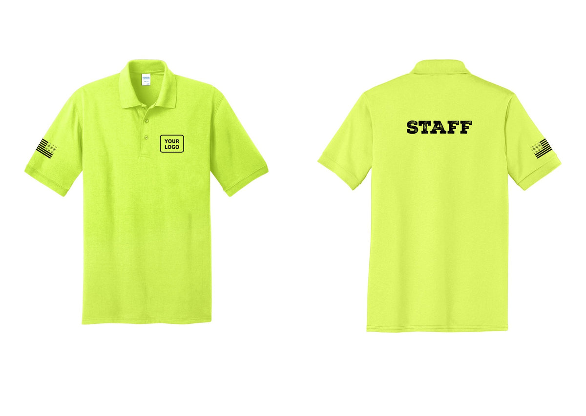 NYC Factory Custom Logo Staff Polo Shirt (Rustic) - Your Logo + Back + US Flag Sleeve - Safety Green