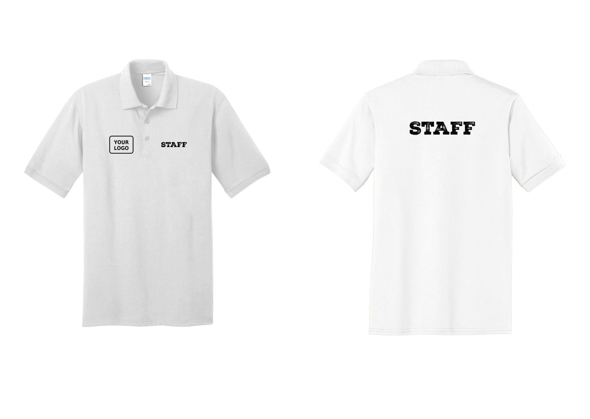 NYC Factory Custom Logo Staff Polo Shirt (Rustic) - STAFF + Your Logo + Back - White