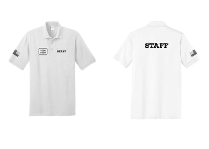 NYC Factory Custom Logo Staff Polo Shirt (Rustic) - STAFF + Your Logo + Back + US Flag Sleeve - White