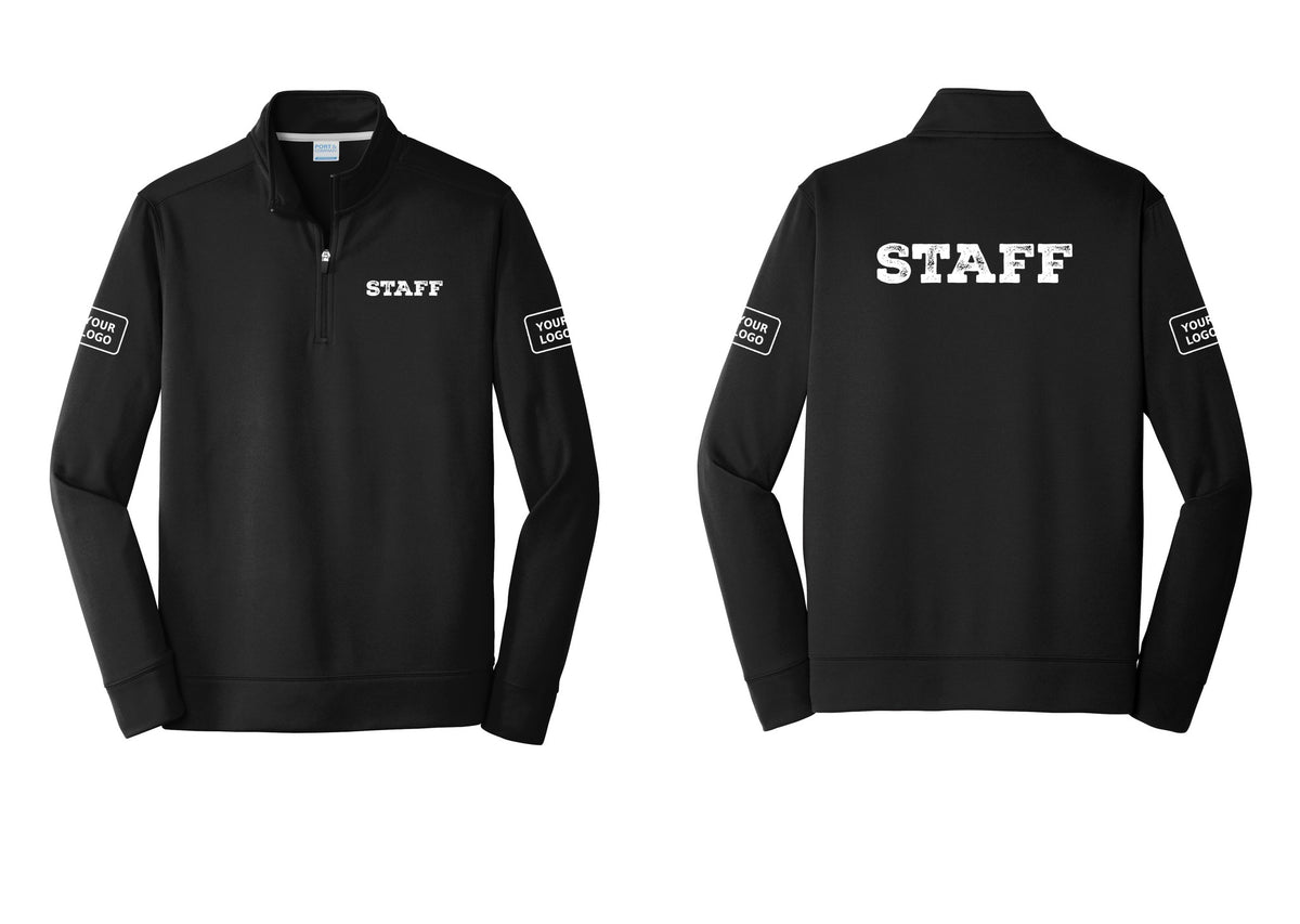 NYC Factory Custom Logo Staff Performance Fleece 1/4-Zip Pullover Sweatshirt (Rustic) - Chest + Back + Your Logo Sleeves - Black