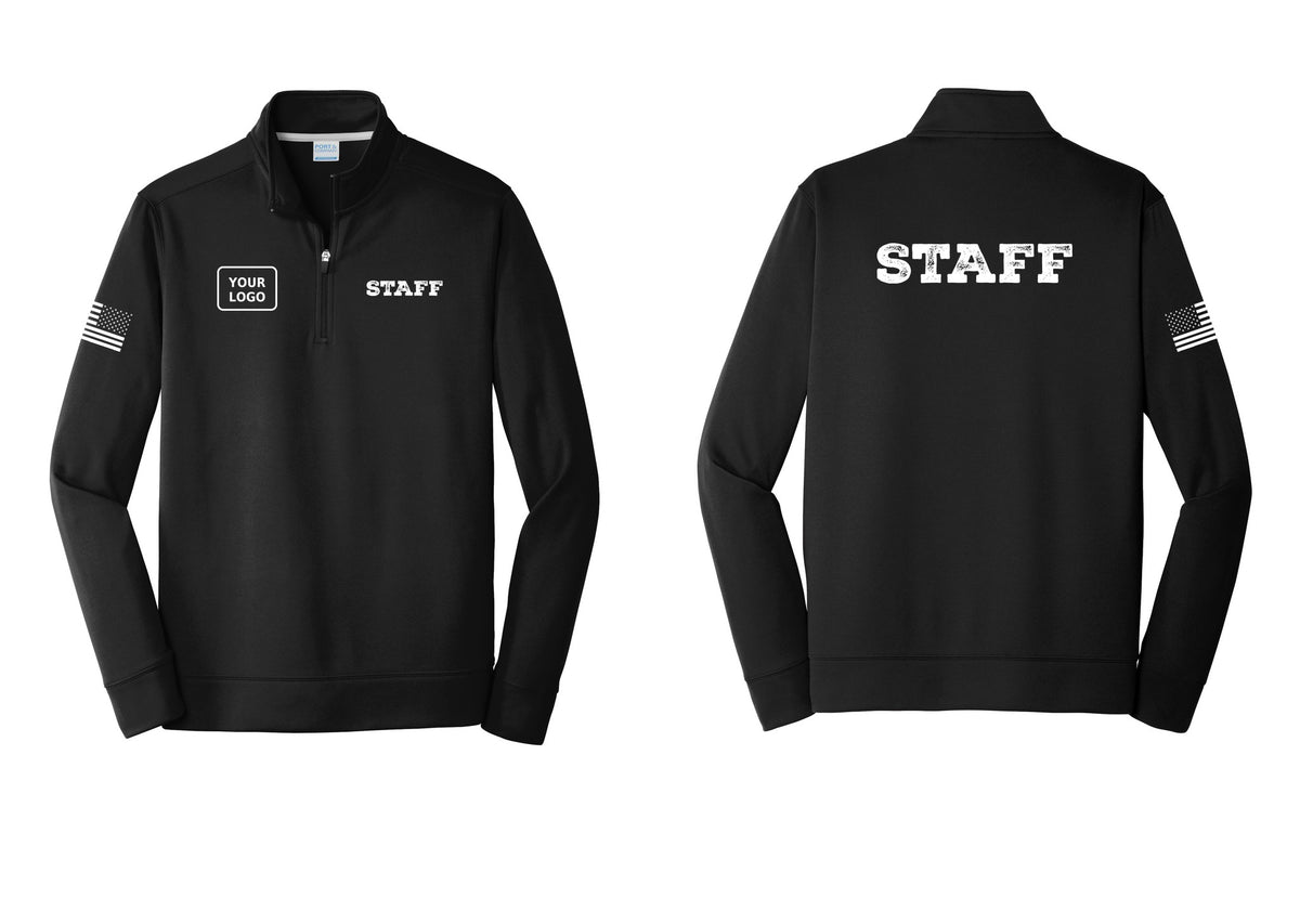 NYC Factory Custom Logo Staff Performance Fleece 1/4-Zip Pullover Sweatshirt (Rustic) - STAFF + Your Logo + Back + US Flag Sleeve - Black