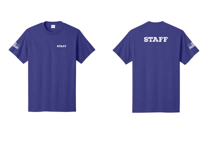 NYC Factory Staff T-Shirt, Rustic Lettering - Chest + Back + US Flag Sleeve - Purple