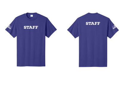 NYC Factory Staff T-Shirt, Rustic Lettering - Front + Back + US Flag Sleeve - Purple