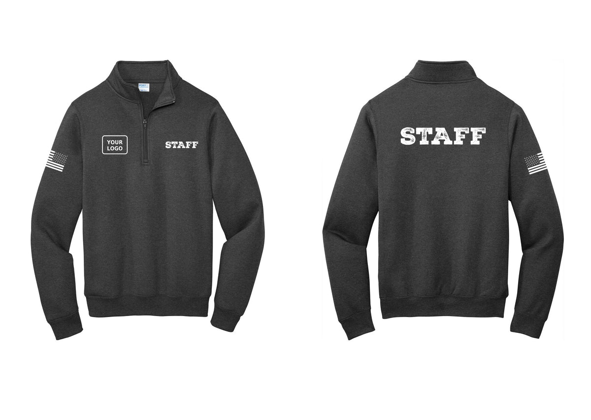 NYC Factory Custom Logo Staff Cotton Fleece 1/4-Zip Pullover Sweatshirt (Rustic) - STAFF + Your Logo + Back + US Flag Sleeve - Dark Heather Grey