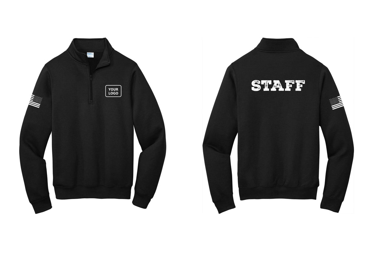 NYC Factory Custom Logo Staff Cotton Fleece 1/4-Zip Pullover Sweatshirt (Rustic) - Your Logo + Back + US Flag Sleeve - Black