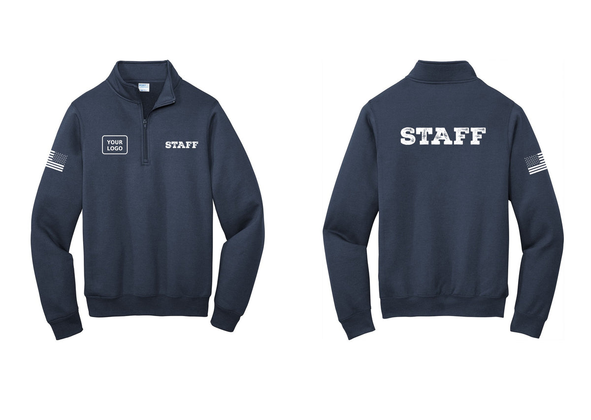 NYC Factory Custom Logo Staff Cotton Fleece 1/4-Zip Pullover Sweatshirt (Rustic) - STAFF + Your Logo + Back + US Flag Sleeve - Navy