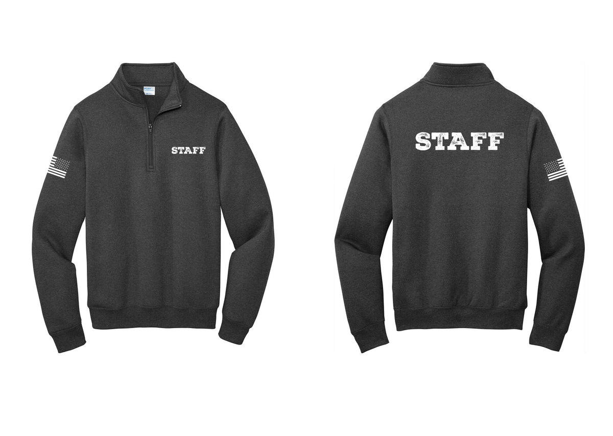 NYC Factory Staff Cotton Fleece 1/4-Zip Pullover Sweatshirt (Rustic) - Chest + Back + US Flag Sleeve - Dark Heather Grey