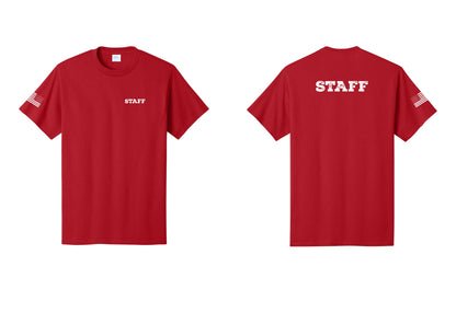 NYC Factory Staff T-Shirt, Rustic Lettering - Chest + Back + US Flag Sleeve - Red