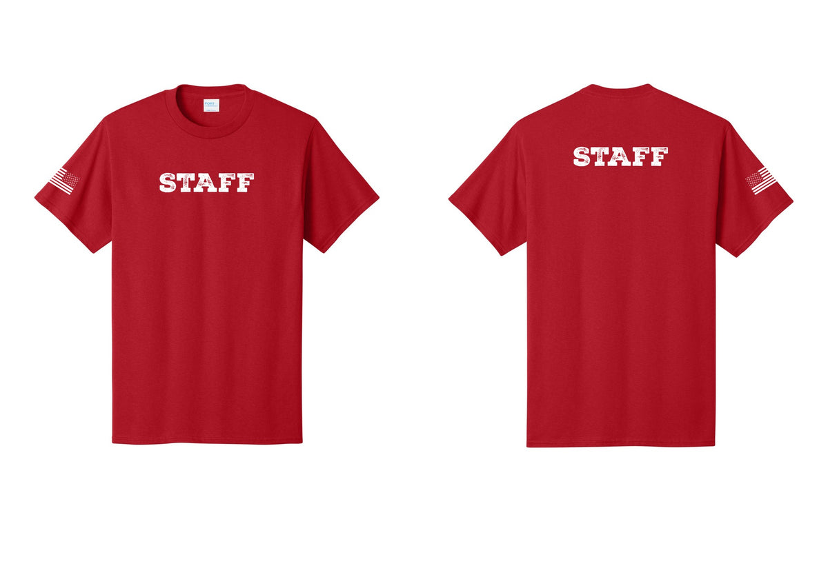 NYC Factory Staff T-Shirt, Rustic Lettering - Front + Back + US Flag Sleeve - Red